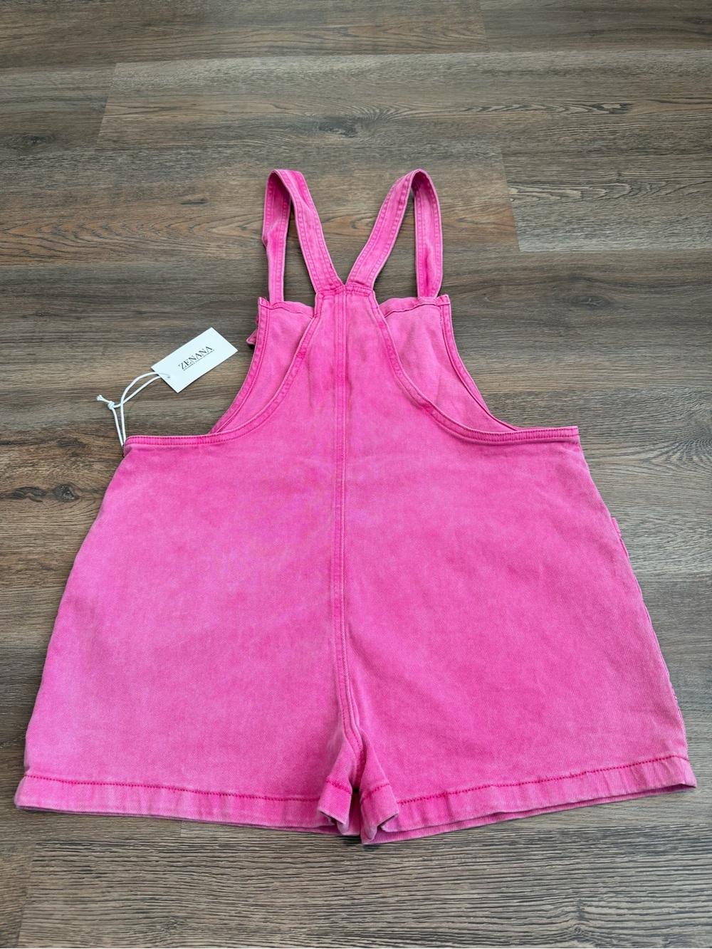 NWT Zenana Hot Pink Denim Overall Shorts Mineral Wash Knotted Straps Size Large - Picture 6 of 10